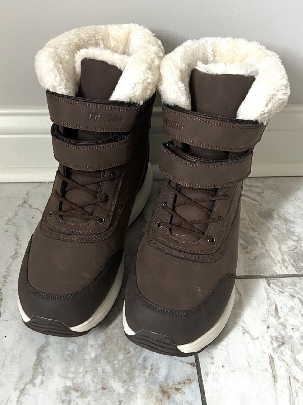 FitVille Mens 9.5 EW Winter Boots Brown Fur Lined Waterproof Wide Snow Boots